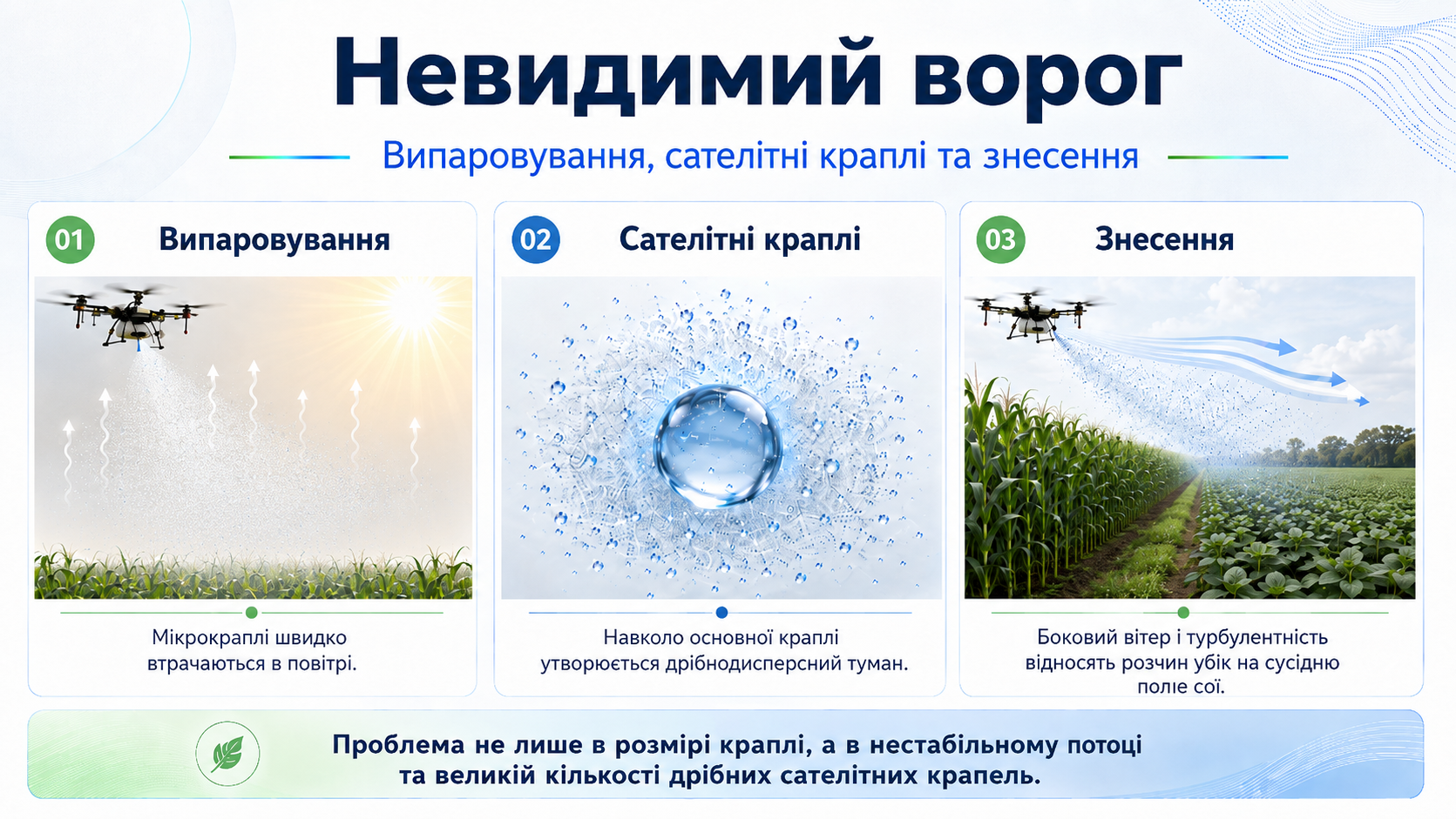 Випаровування розчину, сателітні краплі, знесення робочого розчину.